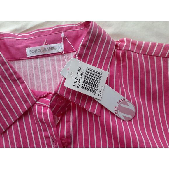 SOHO Jeans Pink White Stripes Cotton Blend LS Button-Up Shirt JR. Size L NWT - Picture 9 of 14